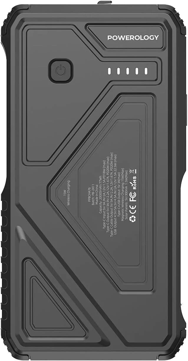 Black power bank with 'Powerology' branding on a black background