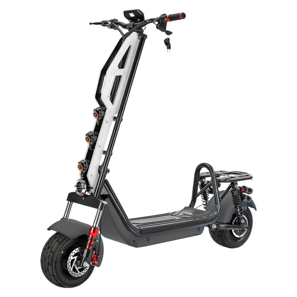 Electric scooter with a white frame and black deck on a white background