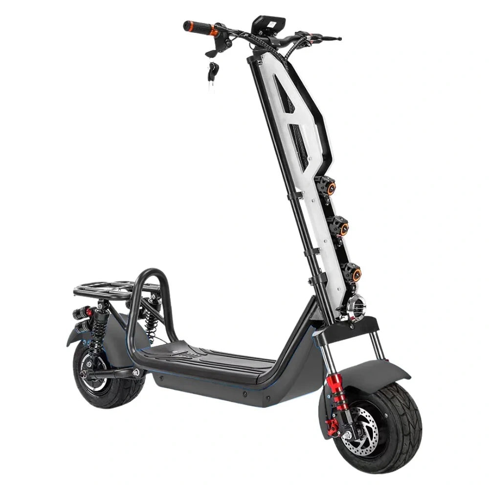 Black electric scooter with visible branding on a white background