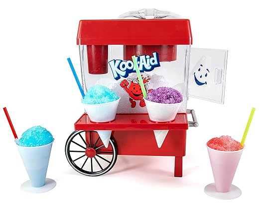 Red Kool-Aid slushie cart with colorful slushies and straws on a white background