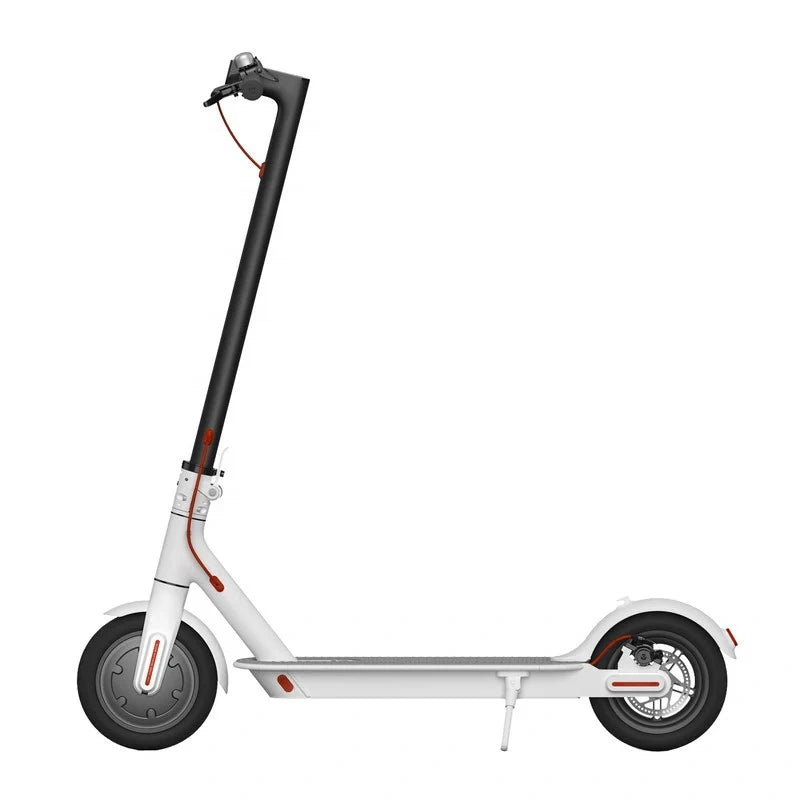 White electric scooter with black handlebar on a white background