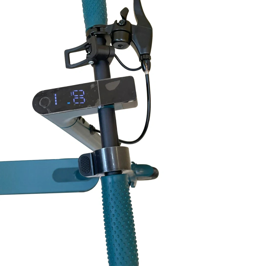 Teal scooter with digital display and brake lever on a white background