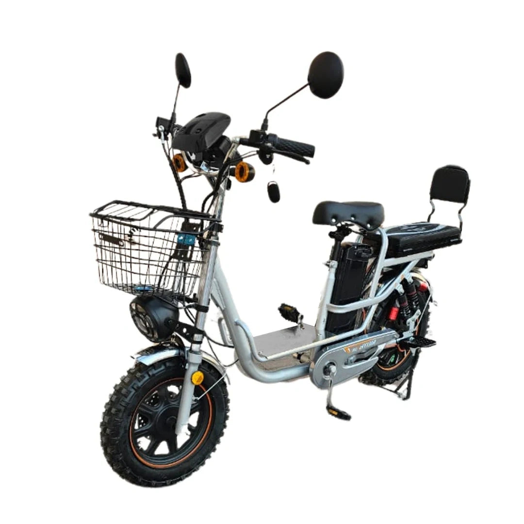Electric bike with a basket and seat on a white background