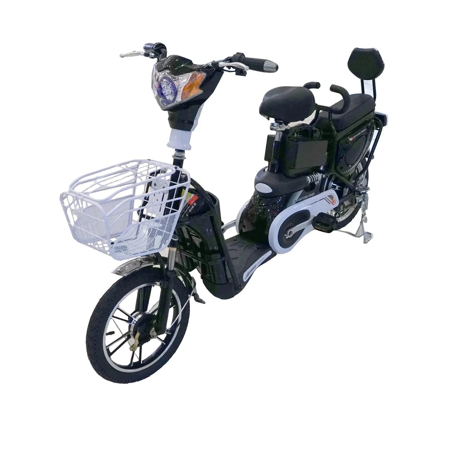 Electric scooter with a basket on a white background
