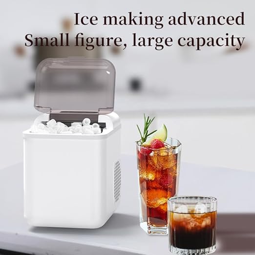 Ice maker with ice cubes and glasses of iced drinks on a countertop