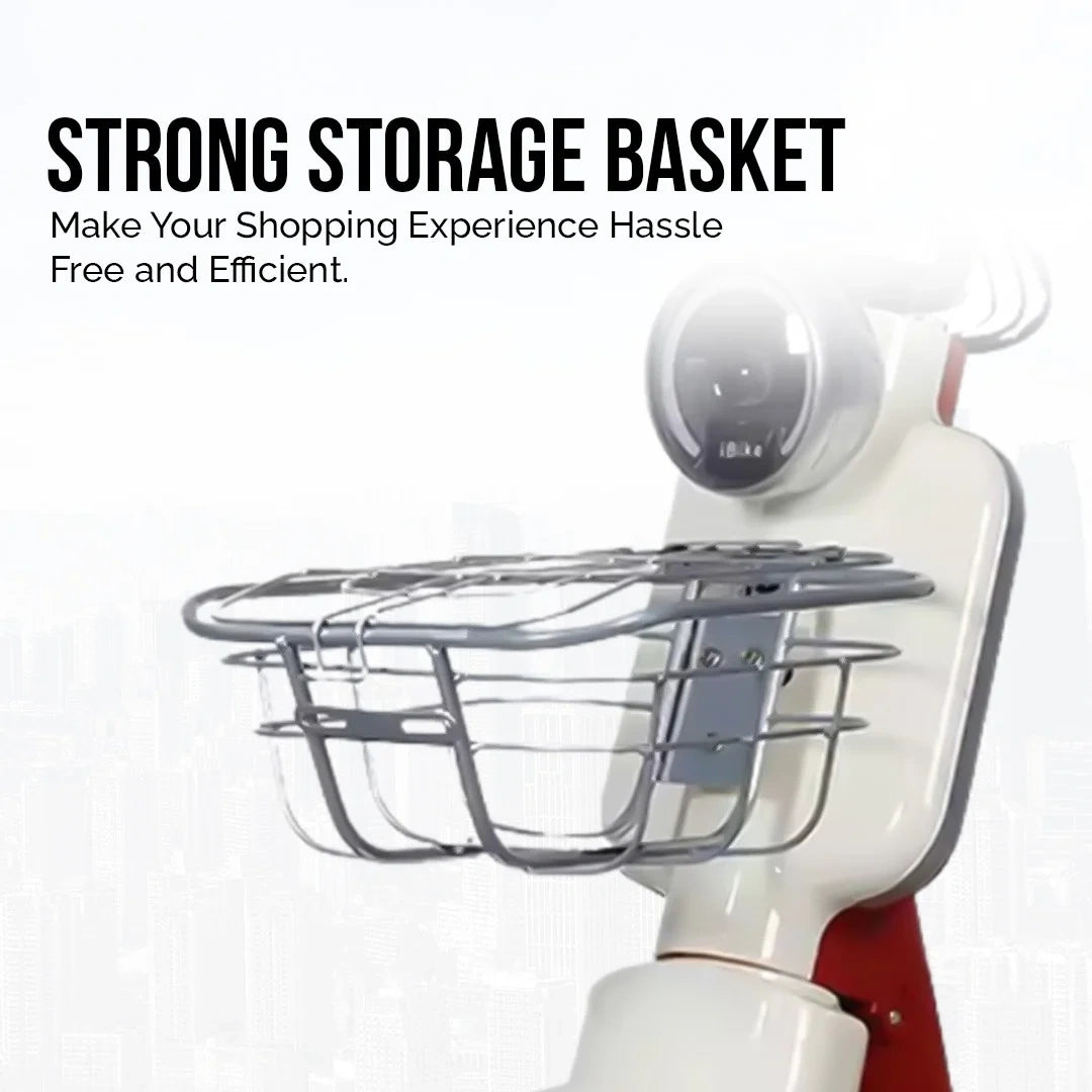 Strong storage basket attached to a scooter with text highlighting its benefits.