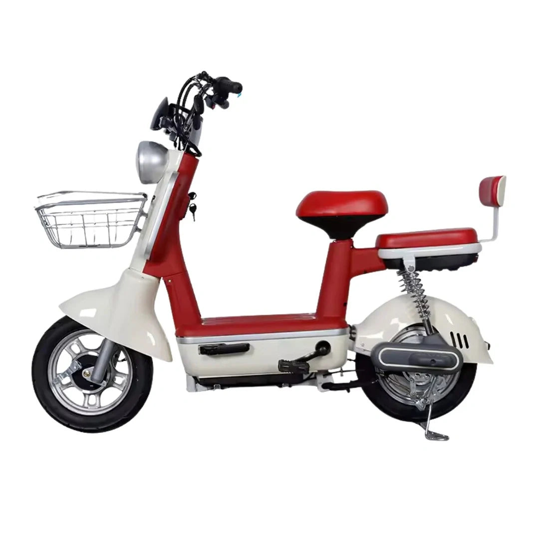 Red and white electric scooter with a basket on a white background