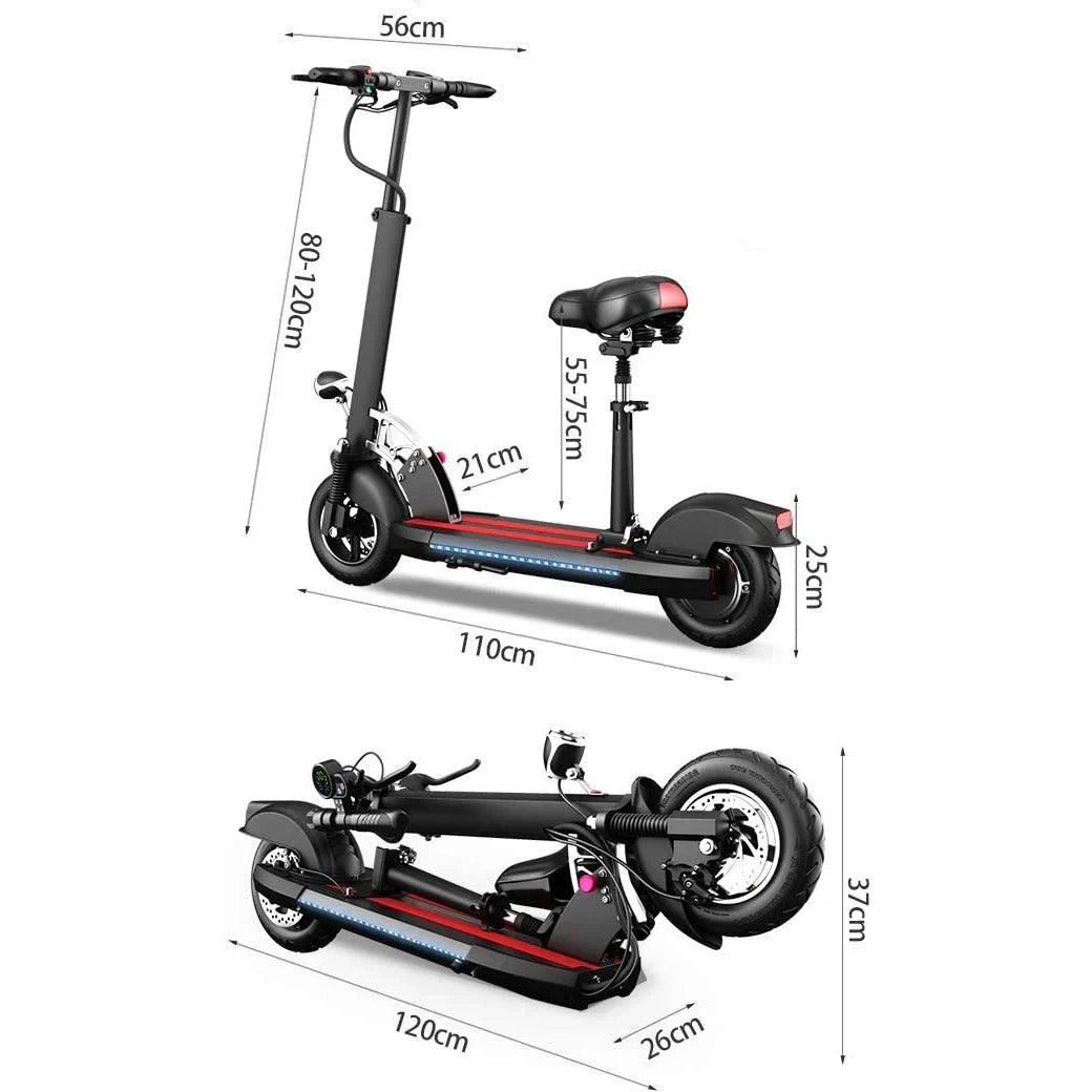 Dimensions of a black electric scooter with red accents on a white background