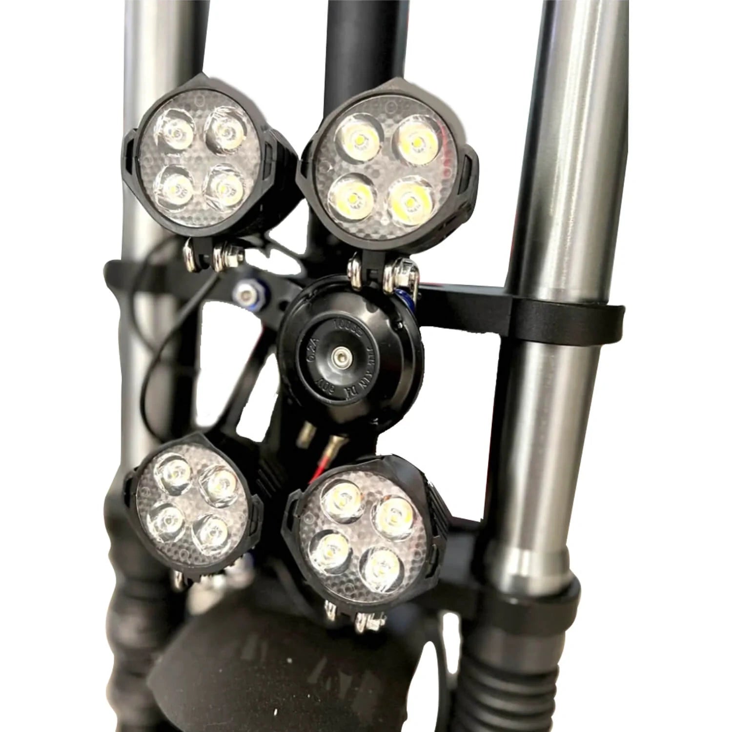 Bicycle handlebar with multiple LED lights on a white background