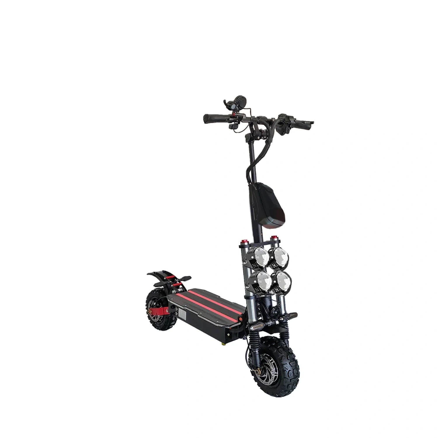 Black electric scooter with red accents on a white background