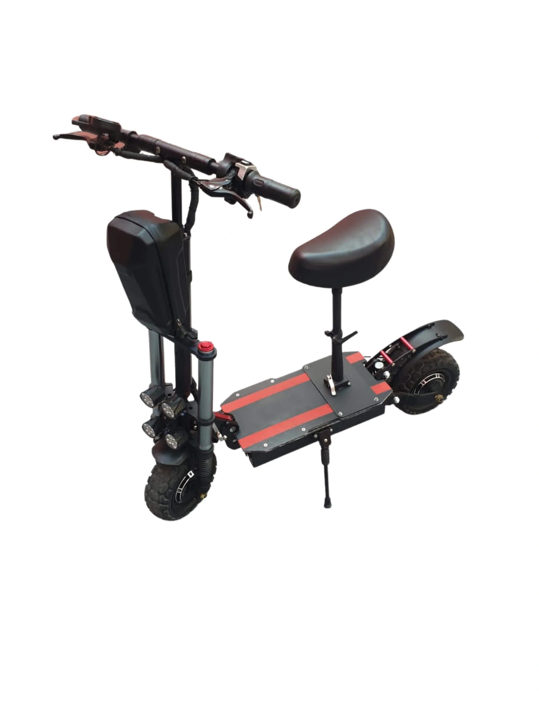 Two-wheeled electric scooter with a seat on a white background
