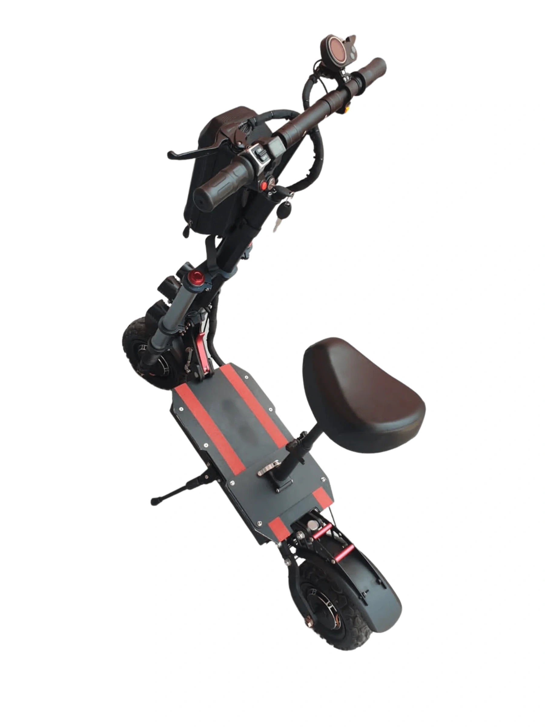 Black electric scooter with red accents on a white background
