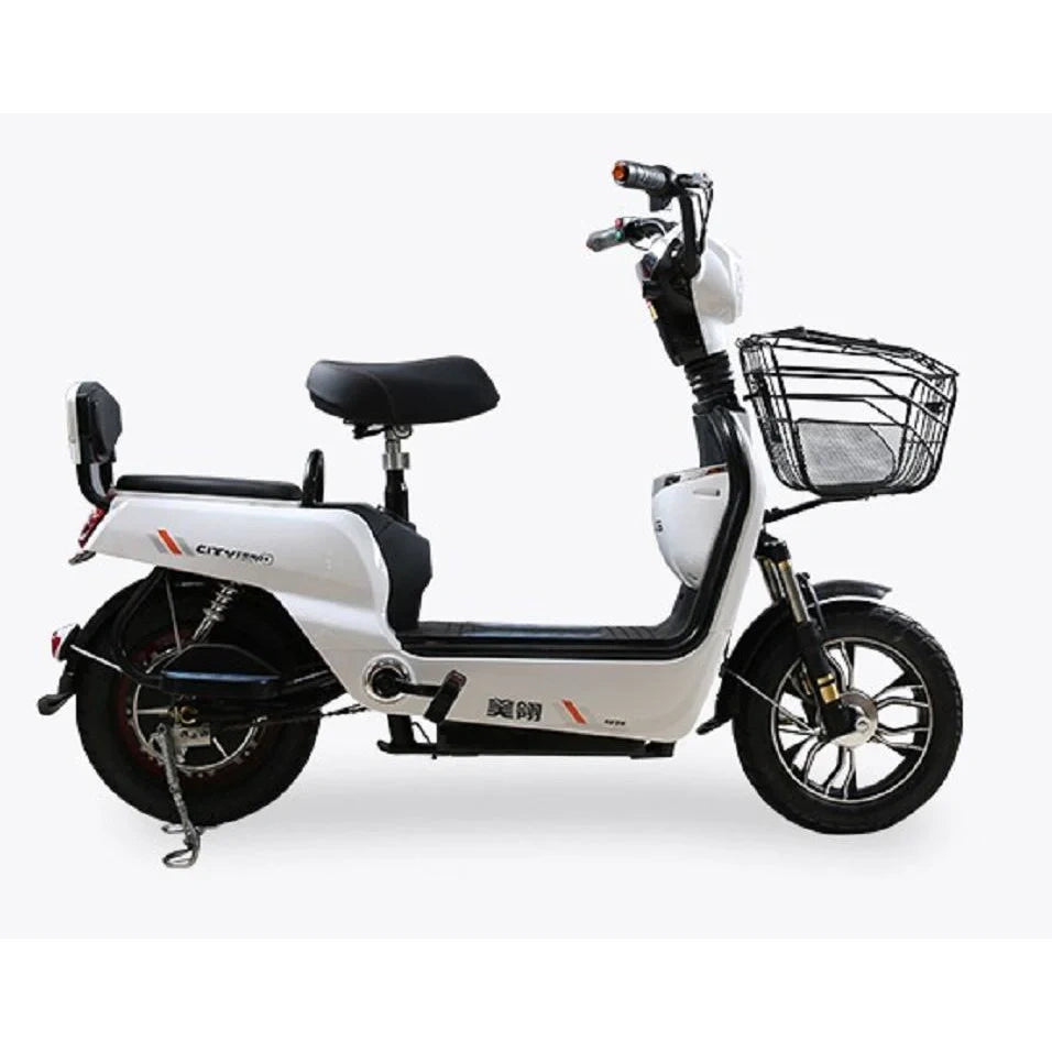 White electric scooter with a black seat and basket on a white background