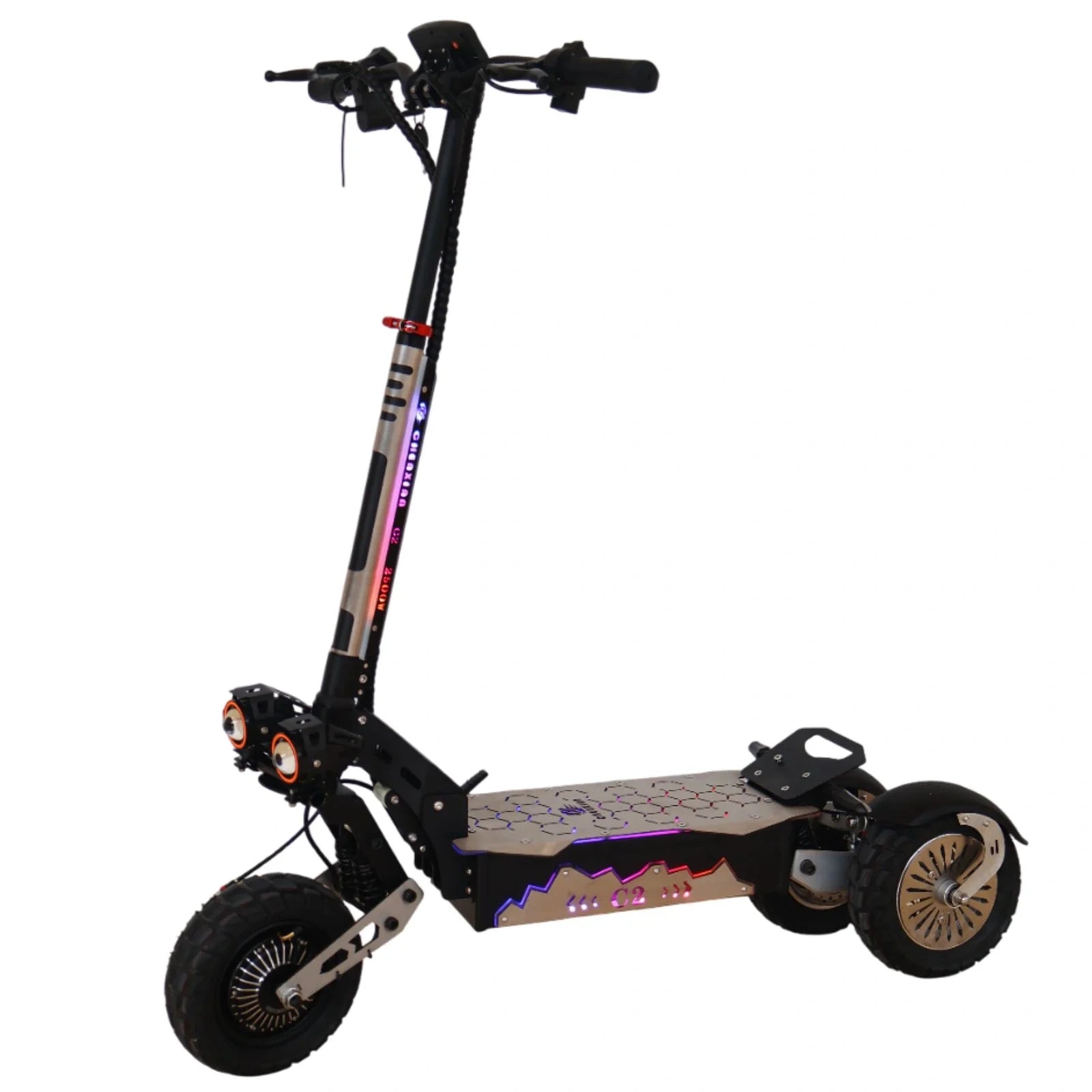 Electric scooter with colorful LED lights on a white background