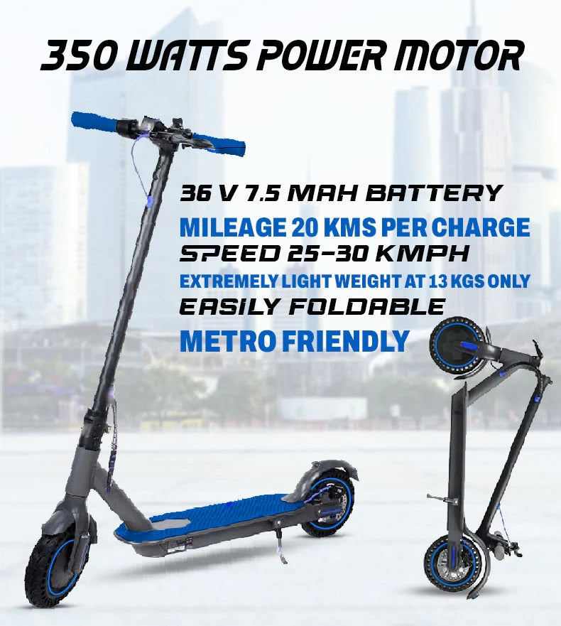 Electric scooter with specifications on a blurred cityscape background