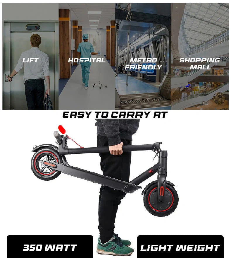 Folding electric scooter with text indicating its use in various settings and features.