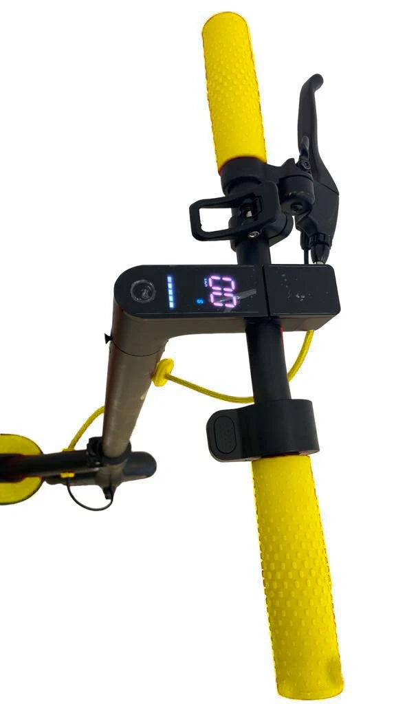 Yellow scooter handlebar with digital display on a white background