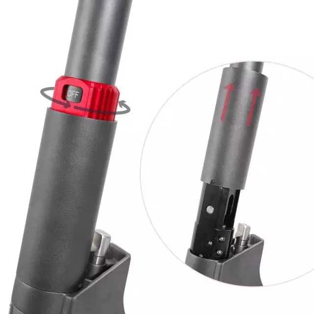 Close-up of a black and red cylindrical device with a power switch on a white background.