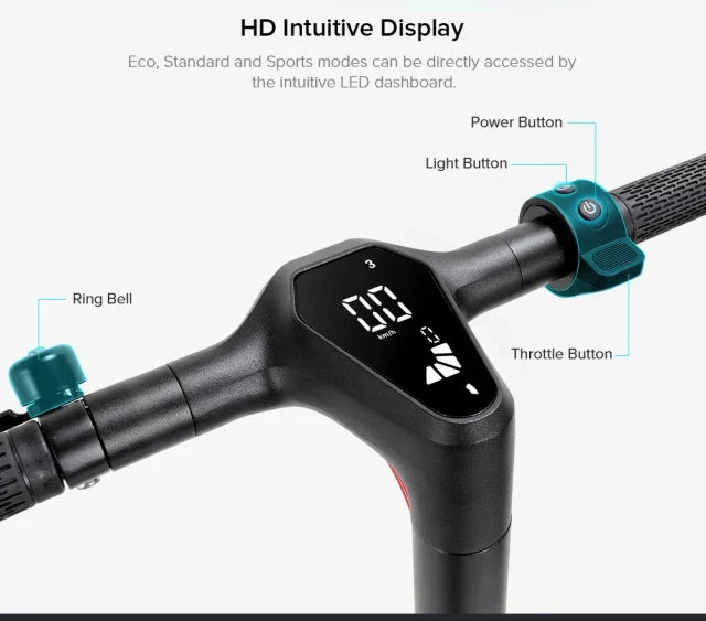 Close-up of a scooter handlebar with an HD intuitive display and control buttons.
