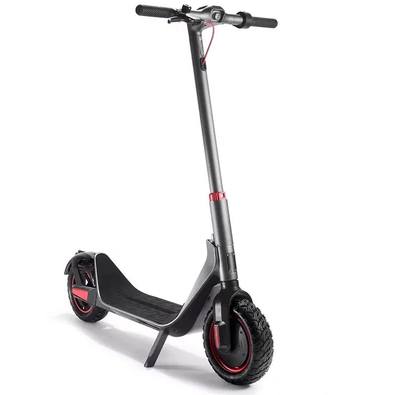 Black electric scooter with red accents on a white background