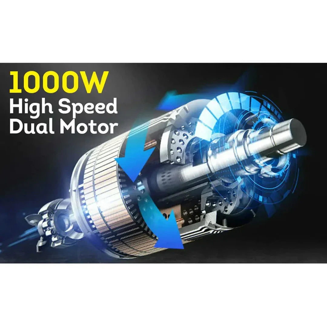 High-speed dual motor with '1000W High Speed Dual Motor' text on a dark background