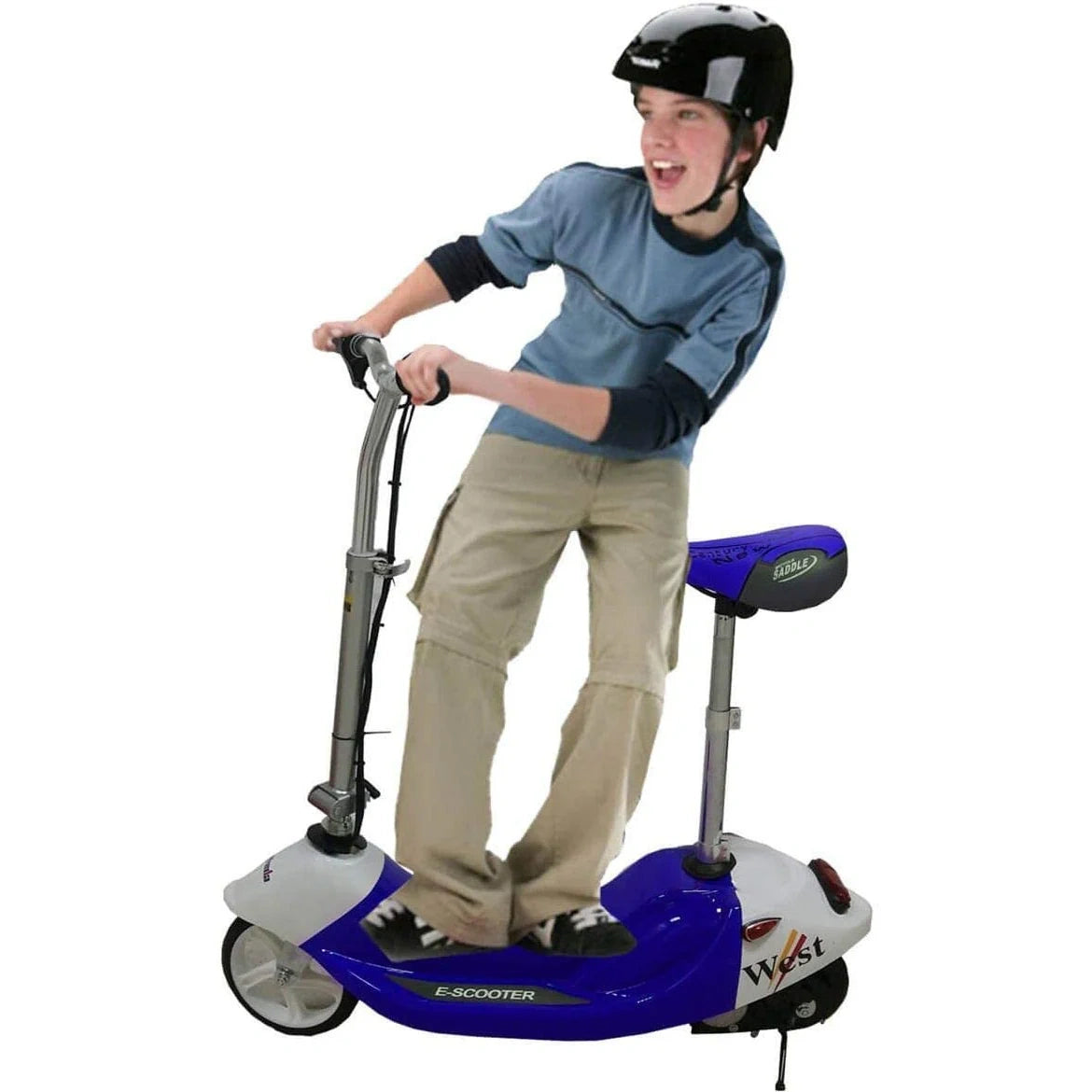 Person riding a WESST electric scooter on a white background
