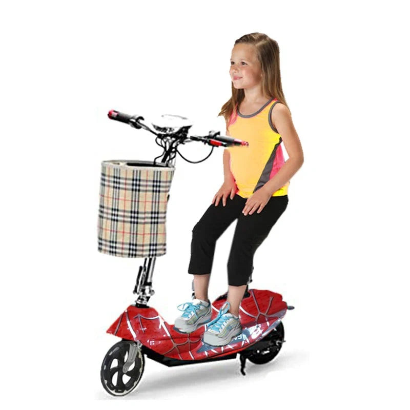 Child standing on a red scooter with a plaid basket, white background