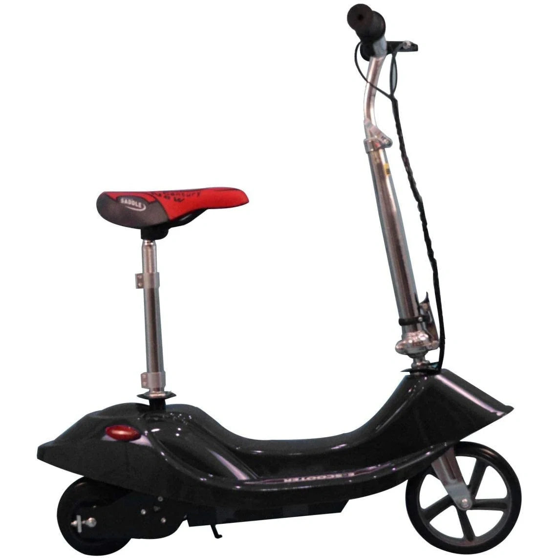 Black scooter with red seat on a white background