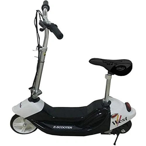 White and black electric scooter with seat on a white background