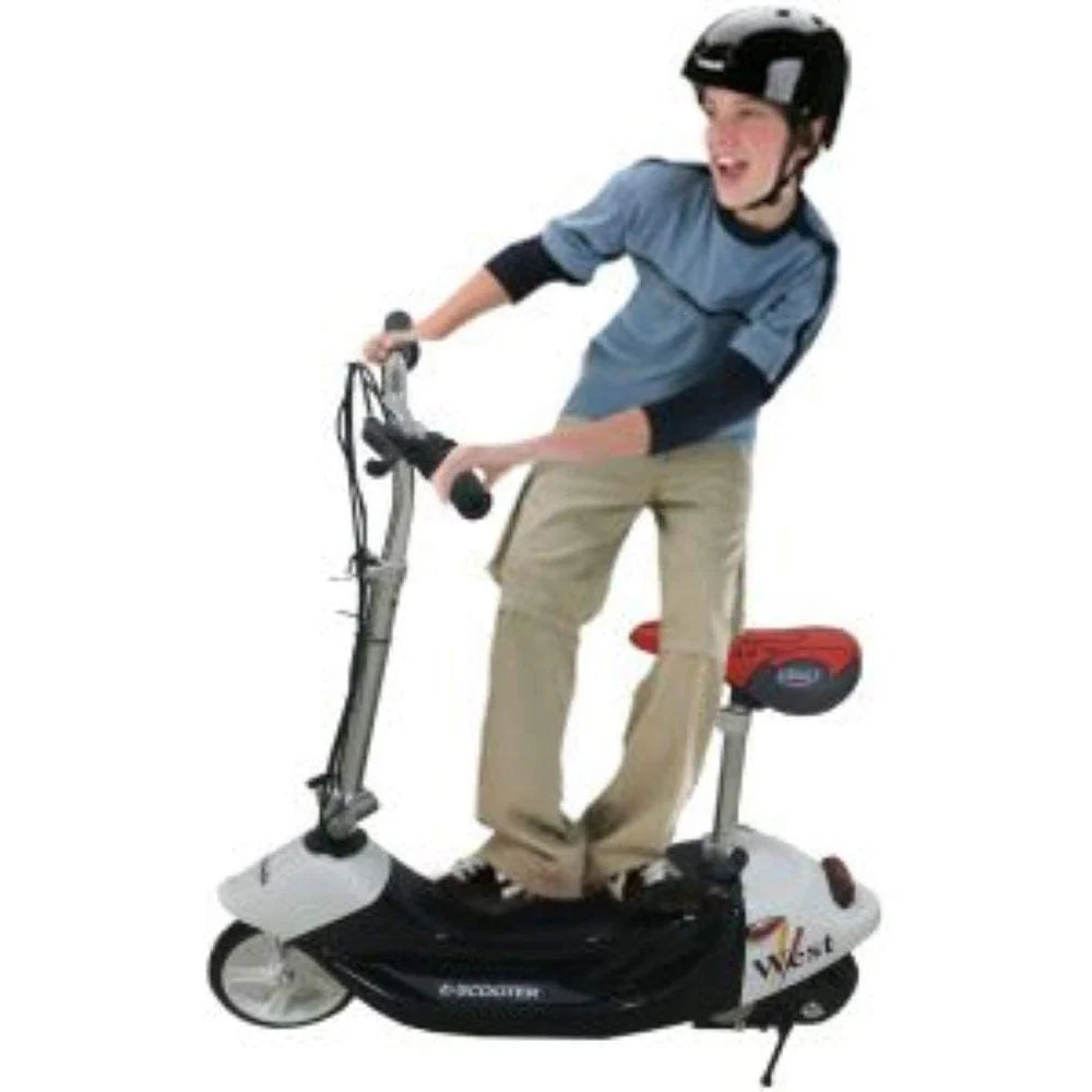 Person riding a scooter with a helmet on a white background